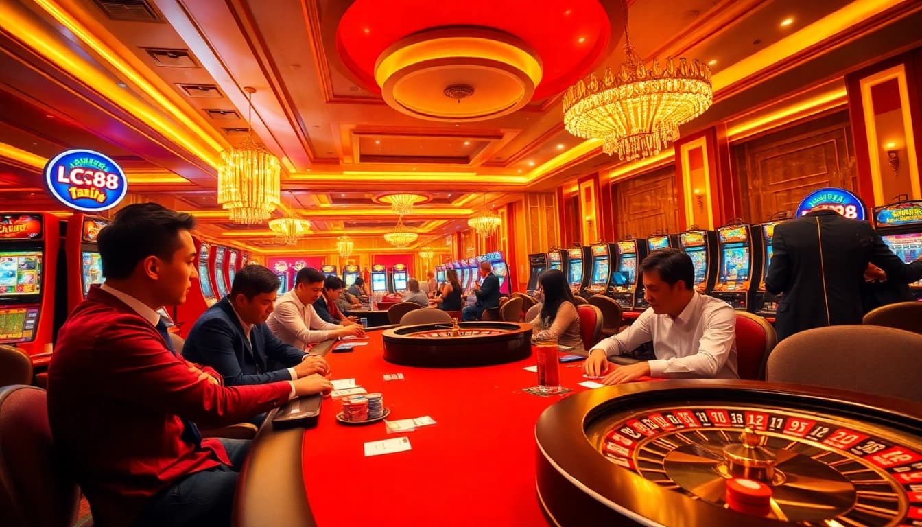 Players at LC88 casino table engaging in thrilling games with vibrant atmosphere.