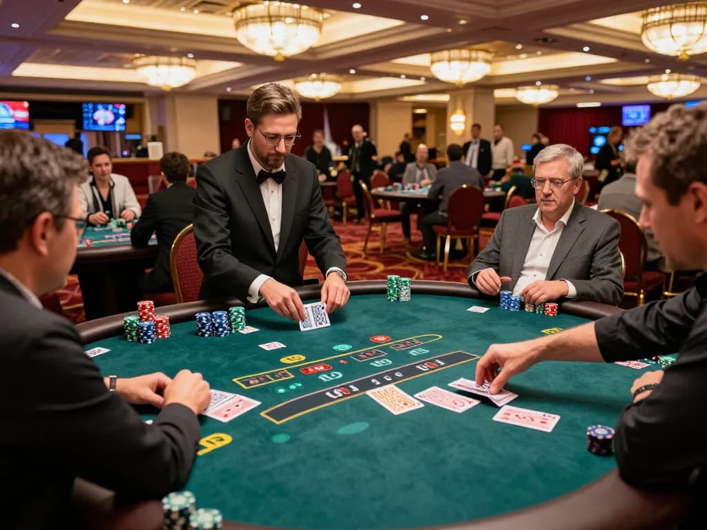 Players at blackjack tables strategizing and making bets in the glamor of a casino featuring SC88