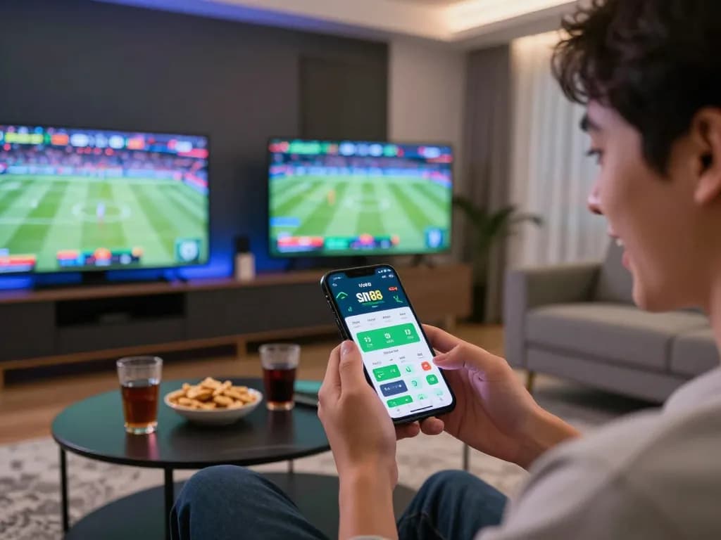 Engaged user placing bets on the sin88 mobile app in a lively sports setting