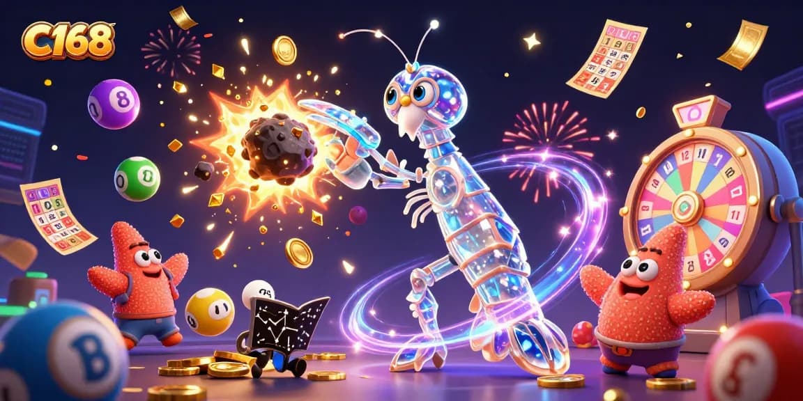 C168 showcases a lively scene of a 3D cartoon mantis shrimp and starfish engaging in a colorful lottery adventure.