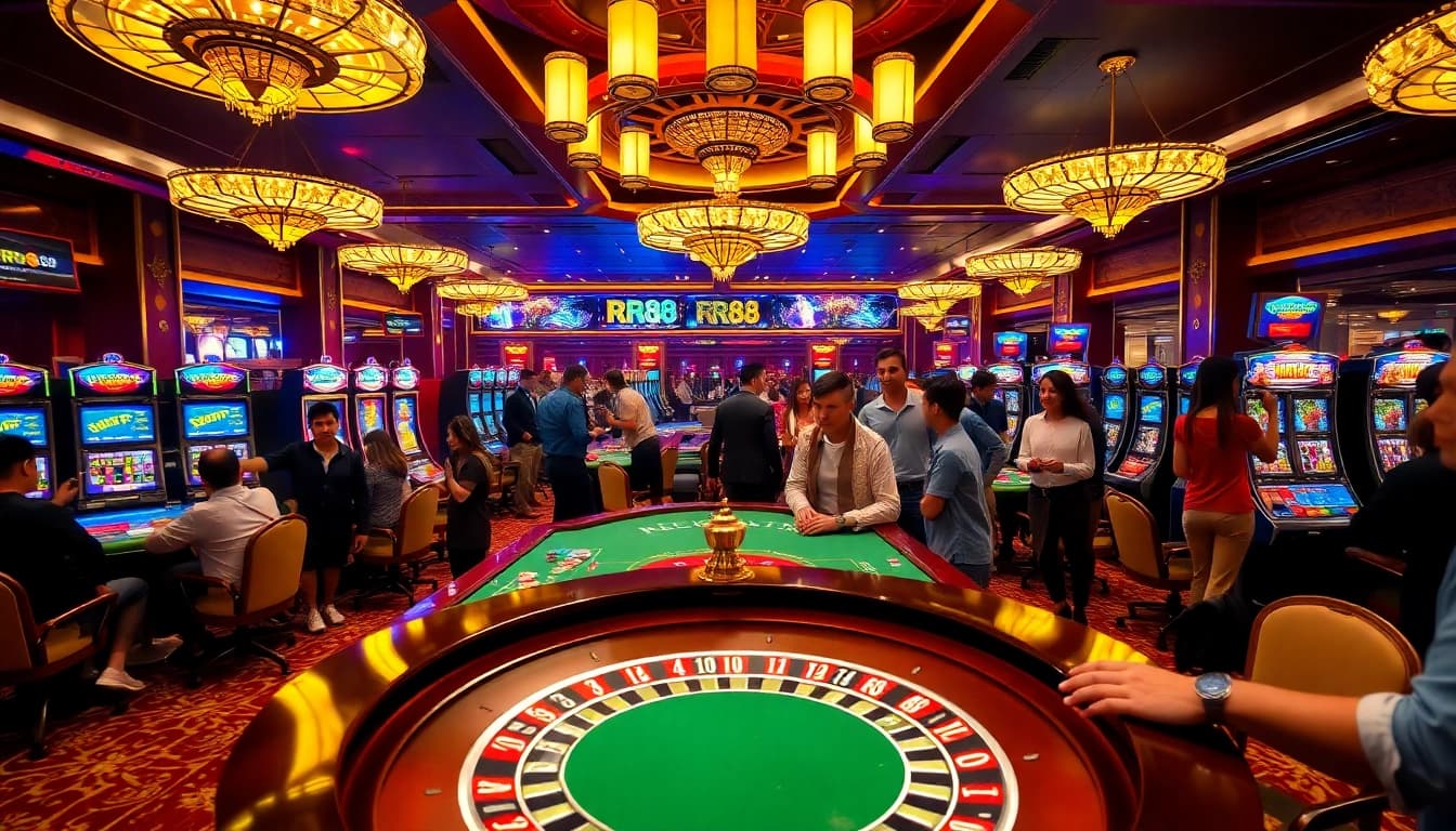 Experience RR88's thrilling casino ambiance with vibrant games and excited players.