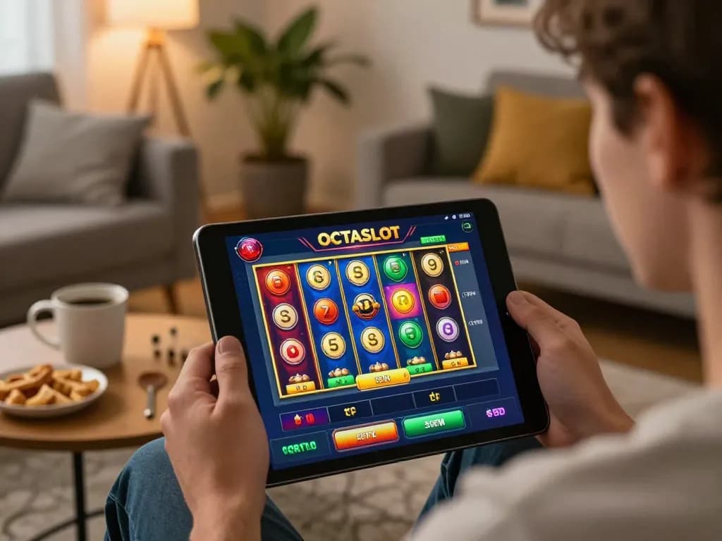 Engaging with the OCTASLOT app on a tablet while playing colorful slot games at home.
