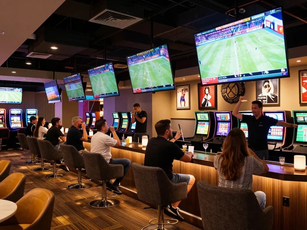 Excited patrons engaging in sbobet sports betting at a modern casino lounge.
