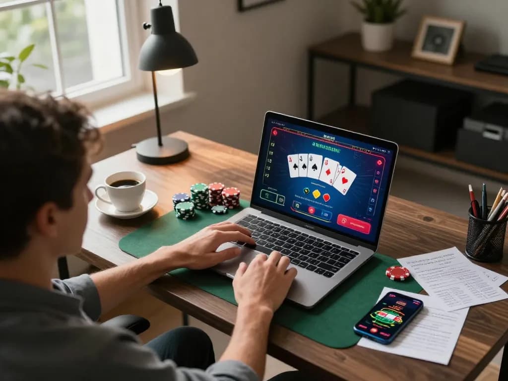 Engaged player at an upscale home office enjoying south african casinos on a laptop.