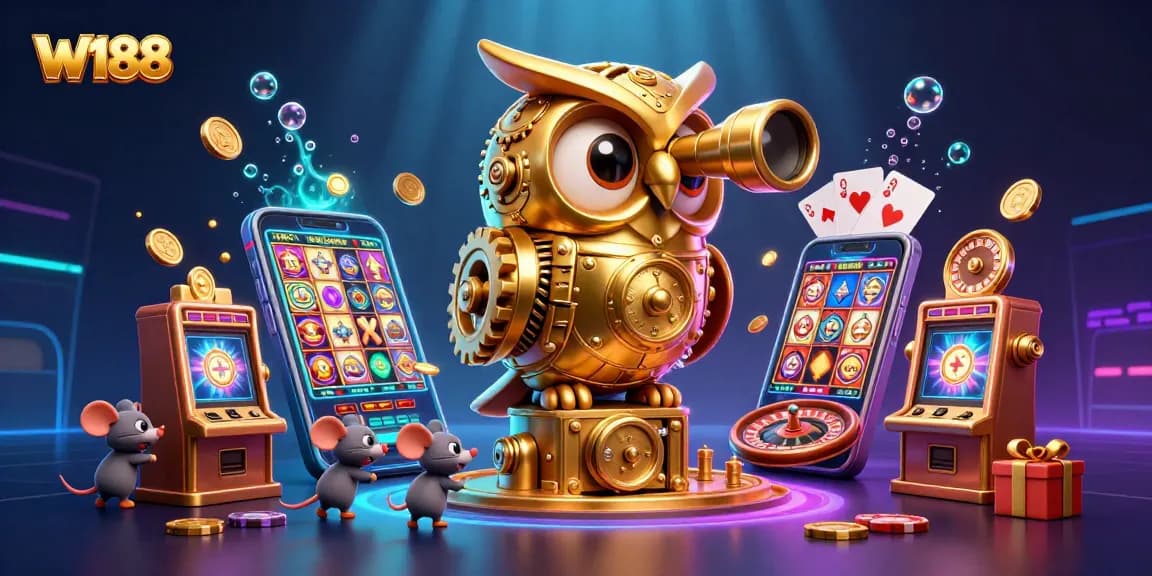 Experience exciting slot action at W188 with a golden owl overseeing lively gaming scenes.