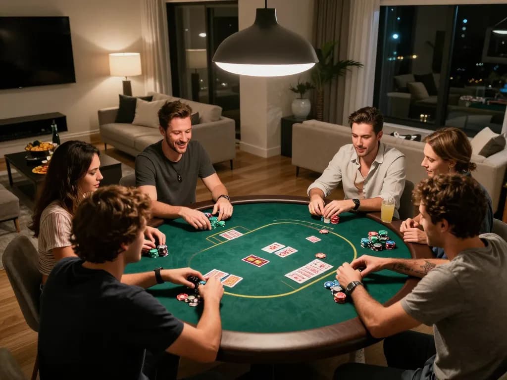Friends engaging in a lively poker game at home, showcasing strategies with uk88 excitement in a convivial atmosphere