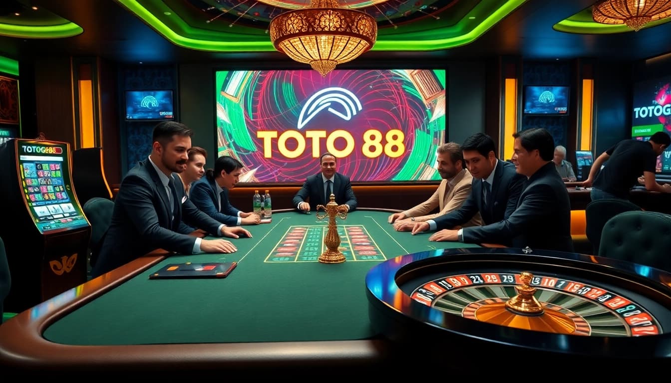 Gambler winning at TOTOGG88, showcasing a vibrant casino environment with poker and slots.
