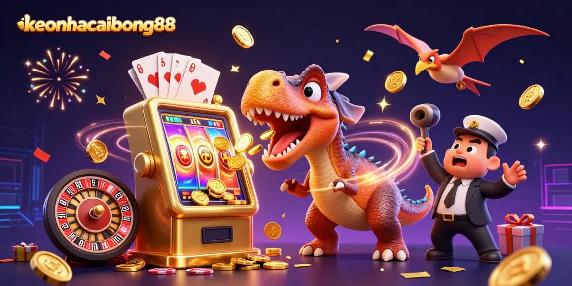 Experience keonhacaibong88 as cartoon dinosaurs animate a bustling casino scene, showcasing jackpot thrills.