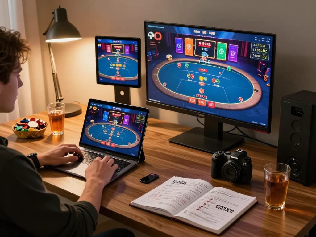 Player strategizing with okking on a laptop for an exciting online gaming session.