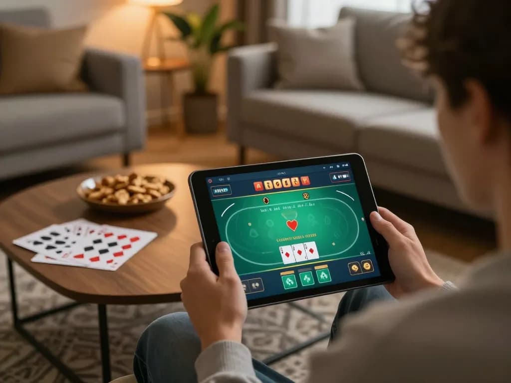 Engaging in online poker at nk88 with a cozy home setup, showcasing strategy notes and a tablet.
