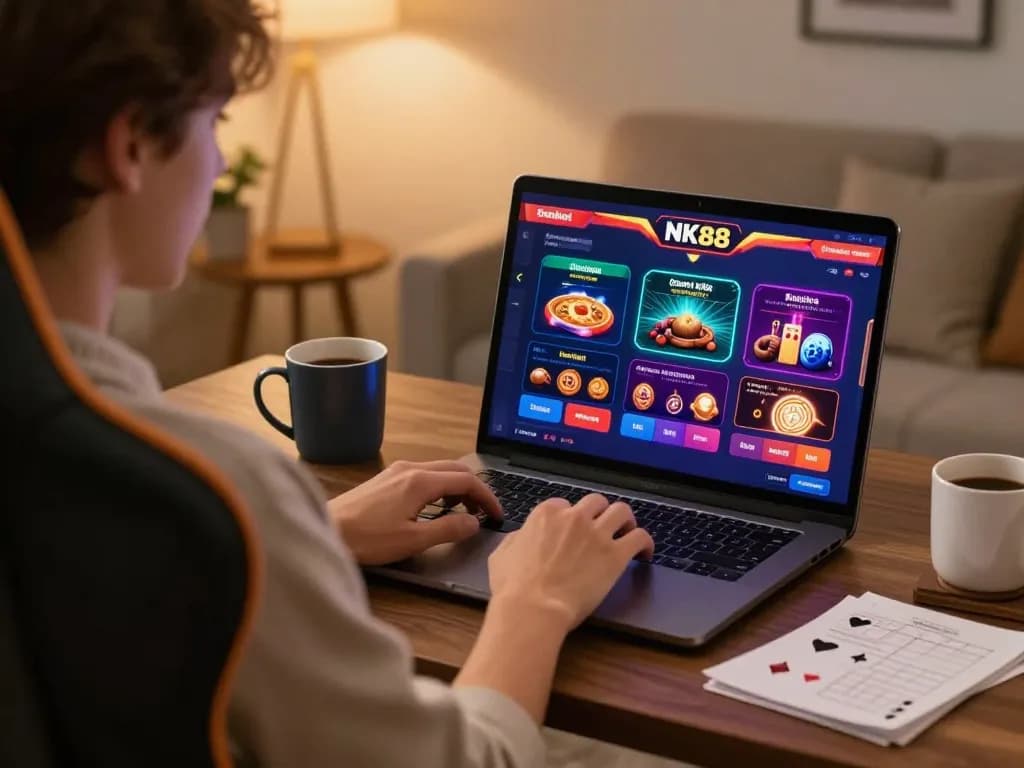 Experience online gaming at NK88 with vibrant casino graphics while enjoying a cozy atmosphere