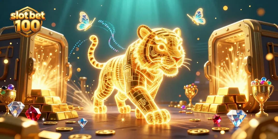 Spin and win at slot bet 100 in this vibrant 3D casino scene with golden treasures.