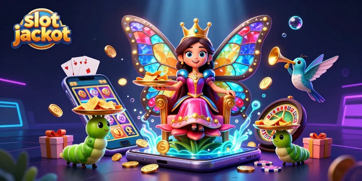 Slot jackpot meriah dengan ratu kupu-kupu 3D dan elemen kasino berkilauan.