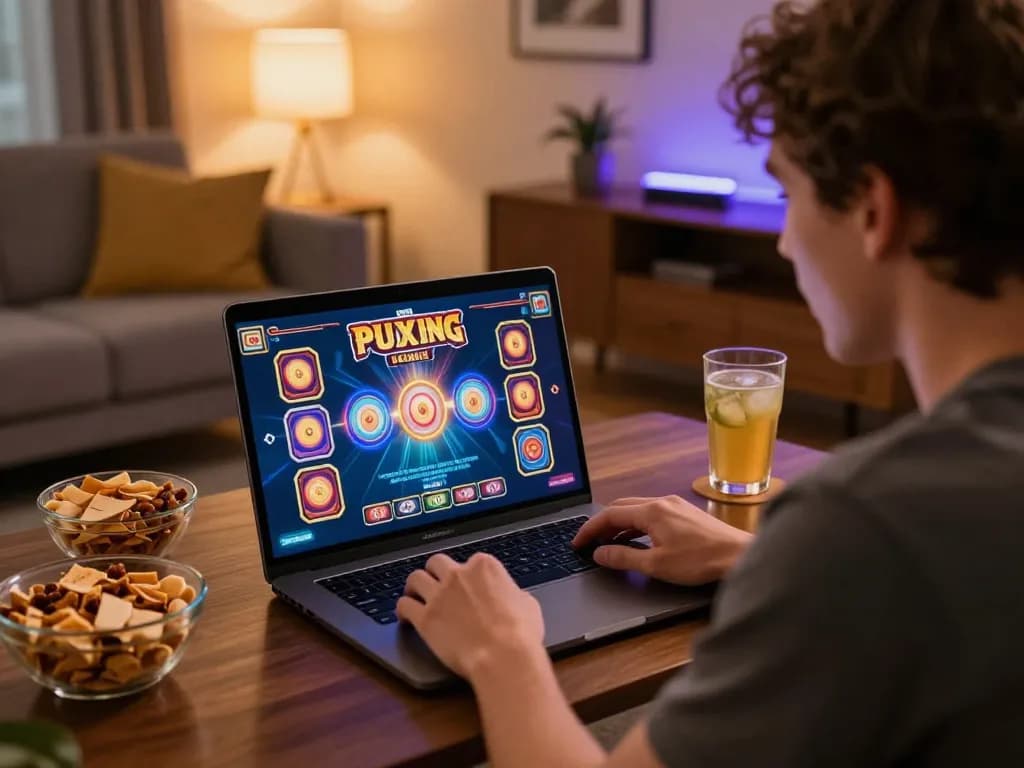 Playing online pokies Australia at home on laptop with warm lighting and engaging atmosphere.