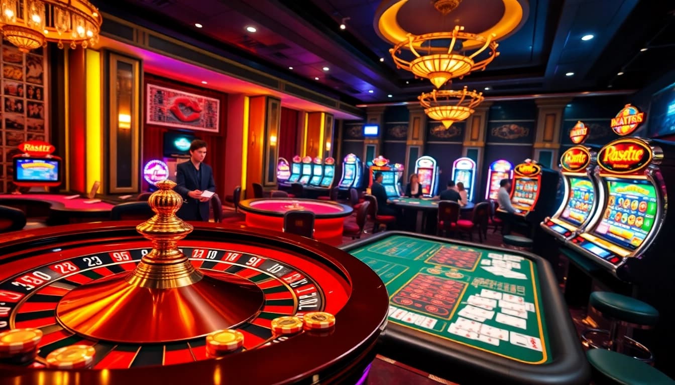 Engaging casino scene featuring rr88.center with poker players at tables and spinning roulette wheels.