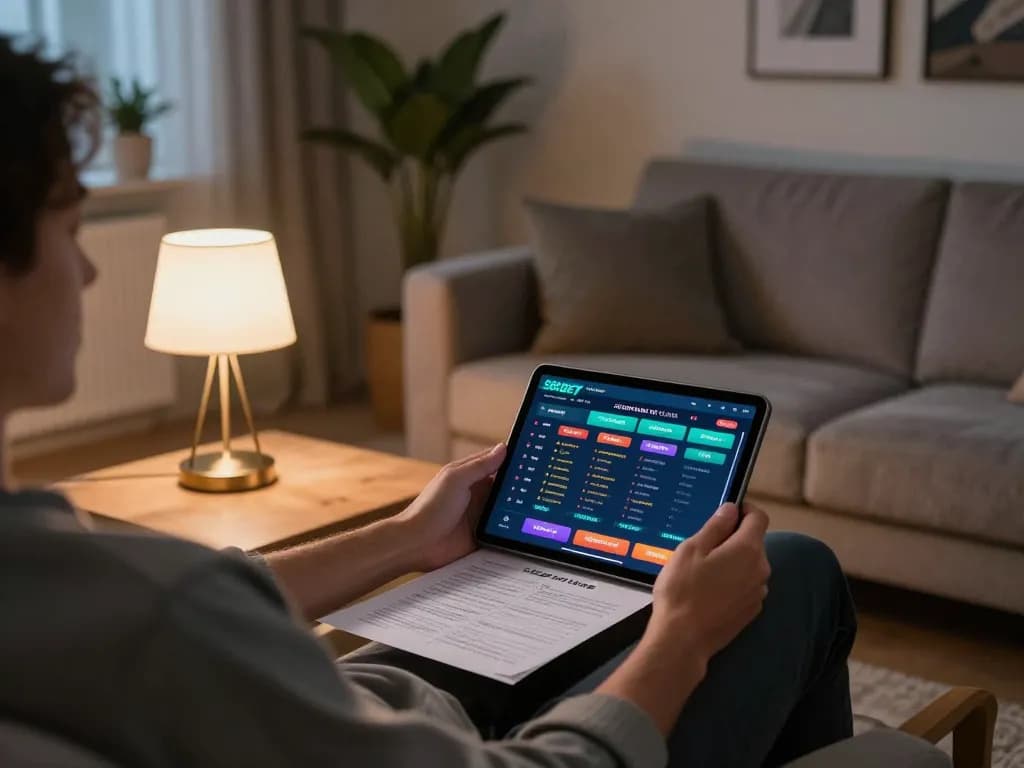 Pengaturan permainan online SBOBET yang menampilkan seseorang menggunakan tablet untuk bertaruh, menunjukkan catatan strategi.