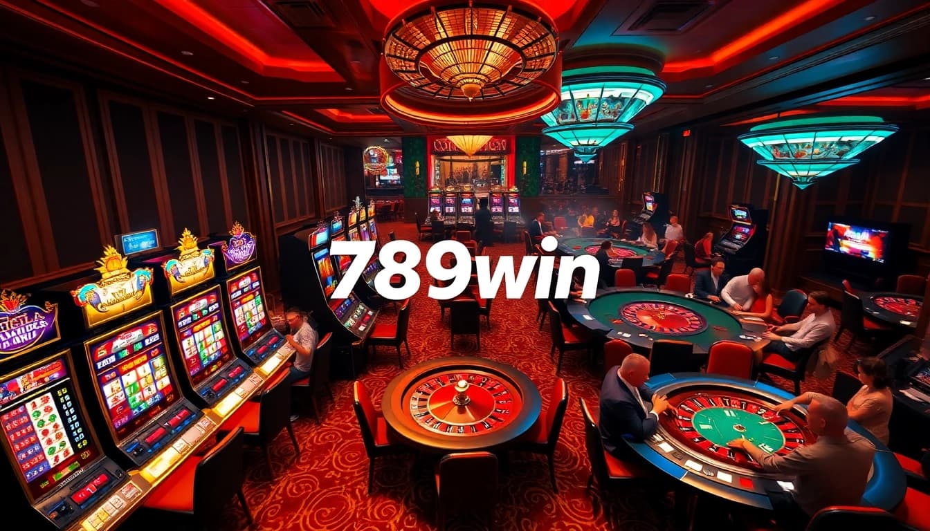Players enjoying thrilling games at 789win casino with vibrant slot machines and poker tables.