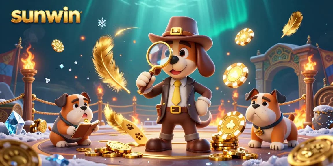 Engage with sunwin's thrilling atmosphere through a vibrant 3D casino illustration featuring a detective and his companion amidst poker chips and treasure.