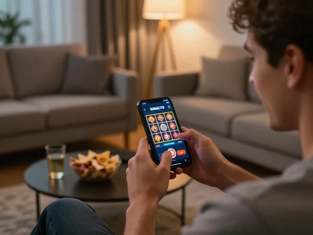 KADAL778 player engaging with online slots in a cozy living room atmosphere.