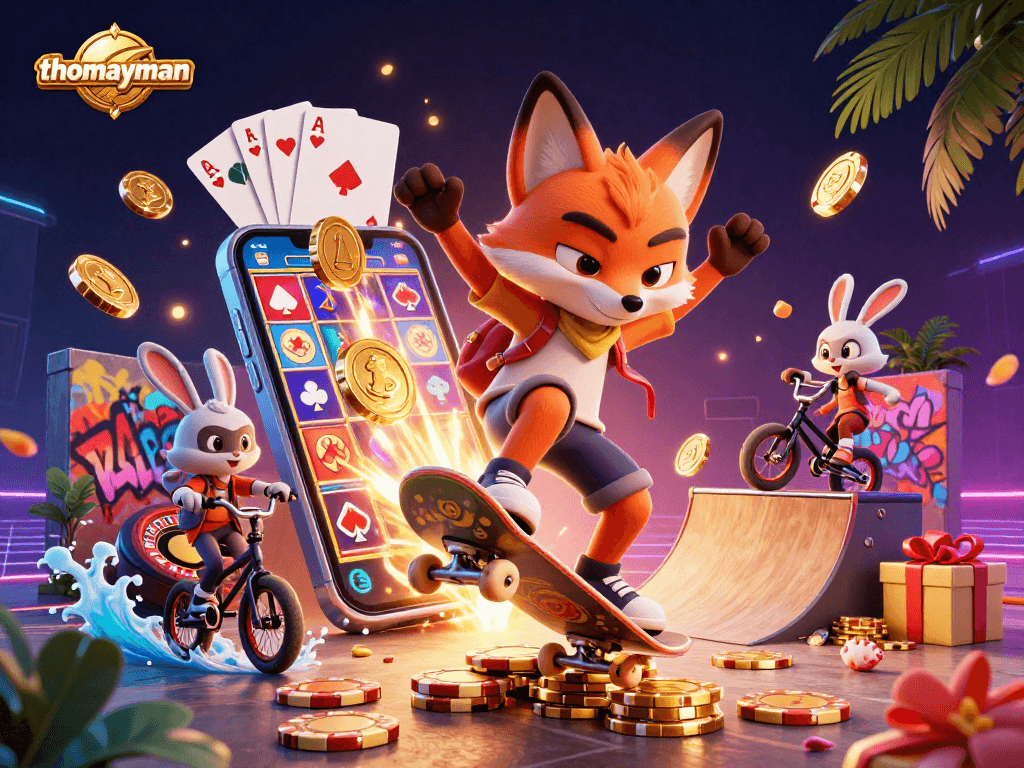 thomayman showcases a vibrant 3D illustration of a skateboarder fox and BMX rabbit in a casino-themed action scene