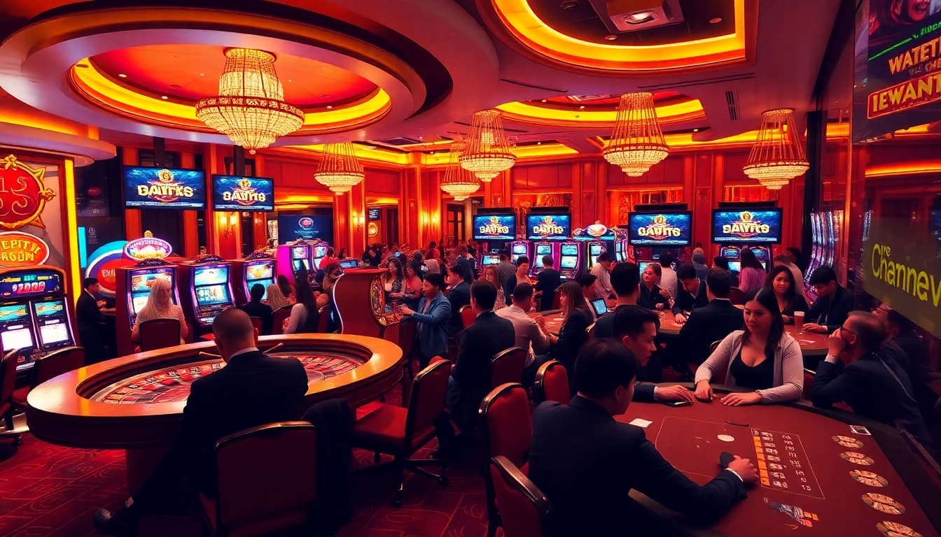 Players enjoying a luxurious gaming experience at 88vn casino, featuring poker tables and slot machines.