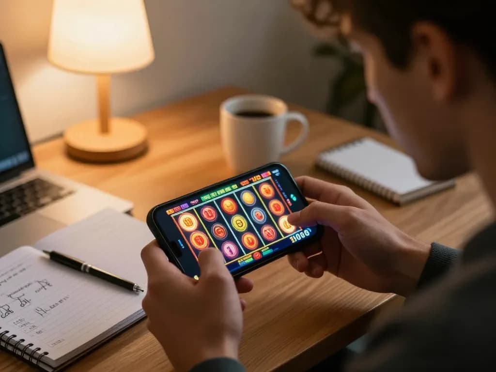 Player engages with an adobet88 slot game on smartphone, showcasing vibrant graphics and strategic gameplay.