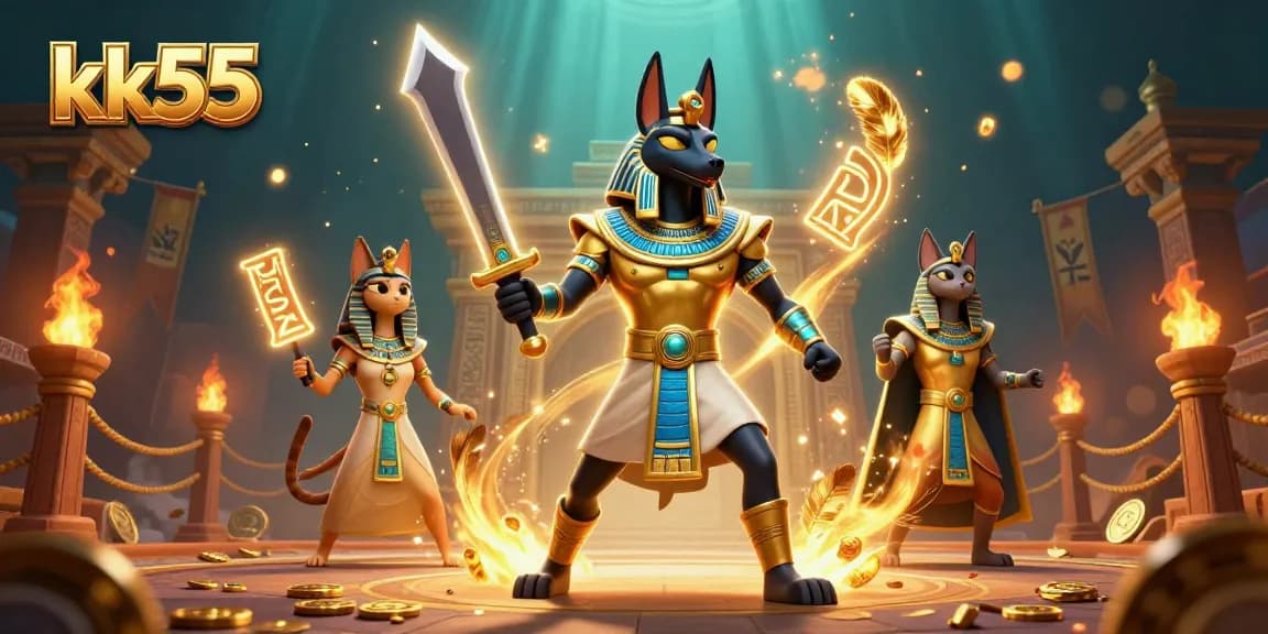 Engage with kk55's thrilling casino atmosphere featuring Anubis and Bastet in action.