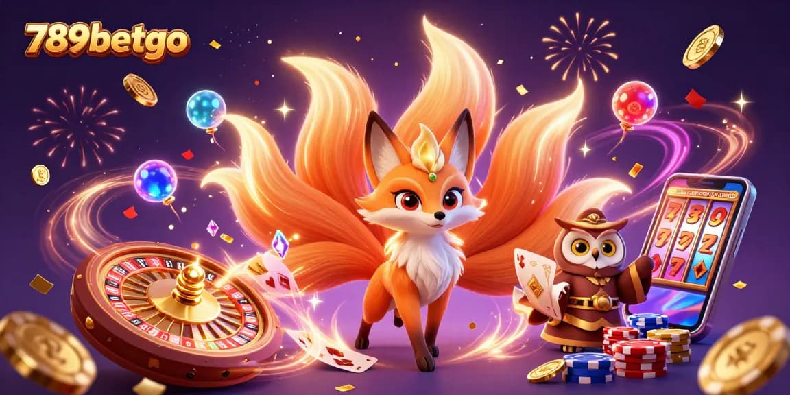 Experience the excitement of 789betgo with a vibrant casino scene featuring a mystical fox and wise owl amidst glowing chips, cards, and coins.