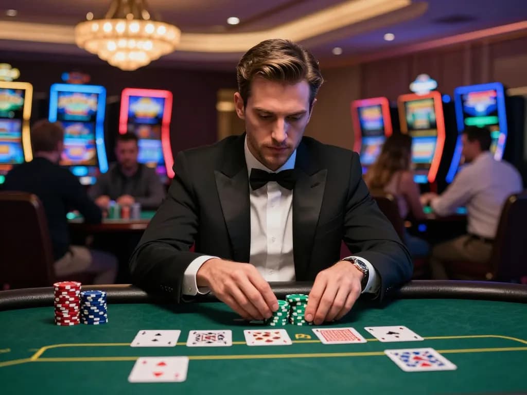 DEBET poker player intensely strategizing at a high-stakes table in a luxury casino.