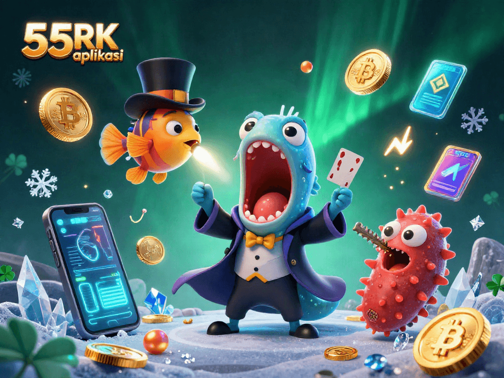 Enhance your gaming with 55RK aplikasi and explore vibrant 3D casino magic in this dynamic illustration.