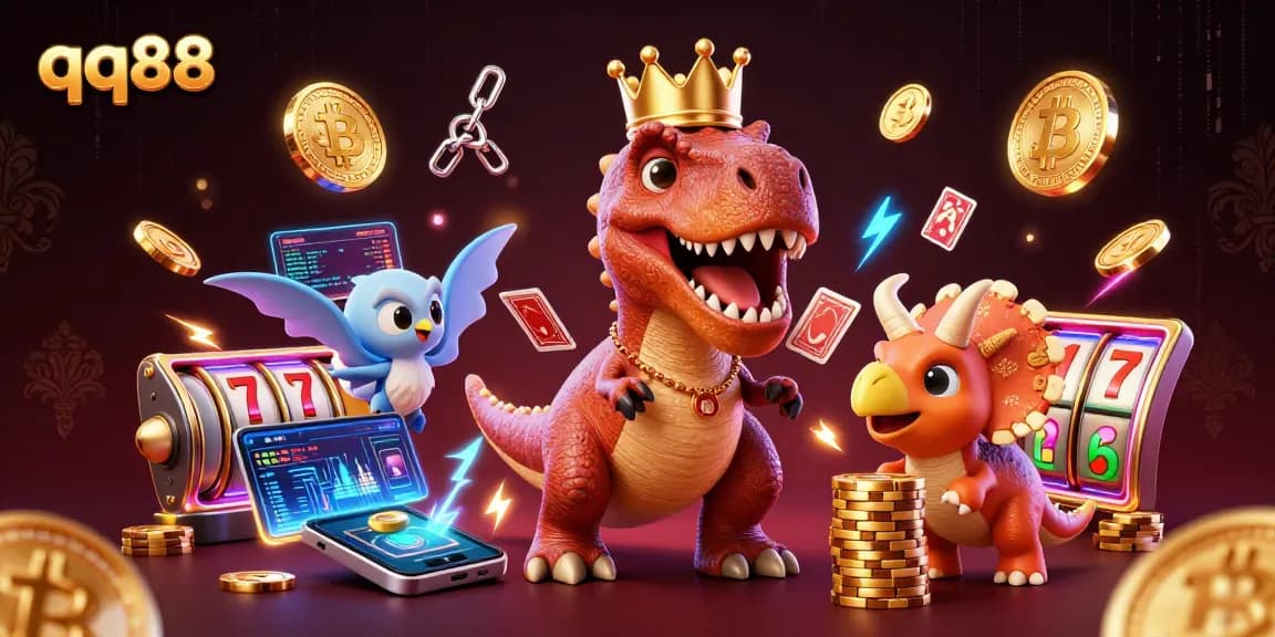Experience thrilling moments at qq88 while a cartoon T-Rex shuffles cards with a pterodactyl and a baby triceratops stacks chips.
