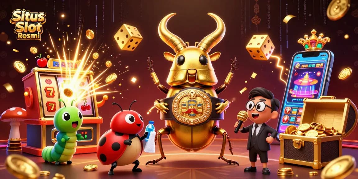 Situs Slot Resmi memperlihatkan ilustrasi ceria dengan karakter lucu di tengah mesin slot berembun koin dan jackpot bersinar