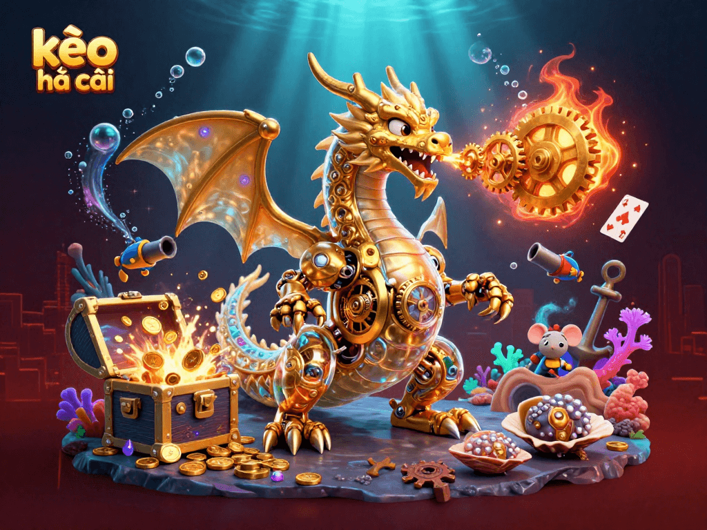 Experience kèo nhà cái with vibrant 3D cartoon art showcasing a golden dragon in a rich underwater casino scene.