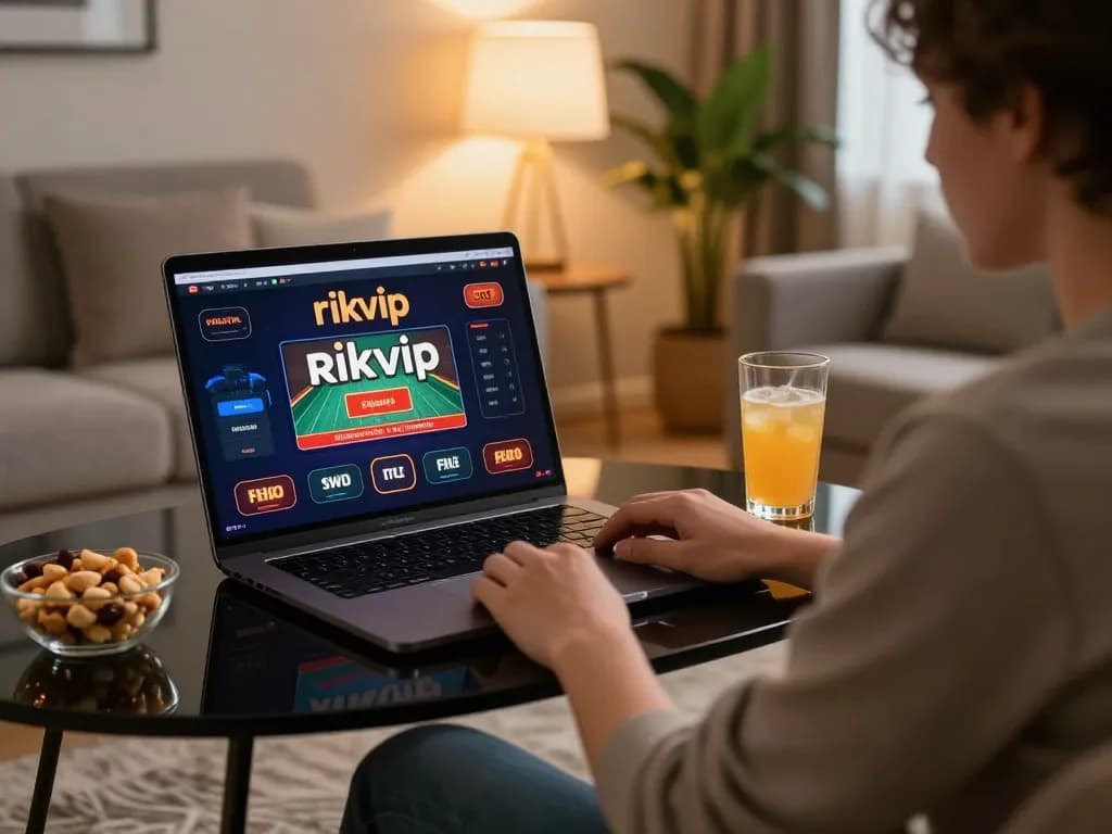 Engaging in online gambling with the rikvip platform in a cozy home environment, focusing on strategy and fun.