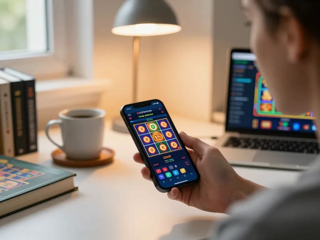 Engaging with unogg mobile casino slots on a smartphone in a cozy home office environment