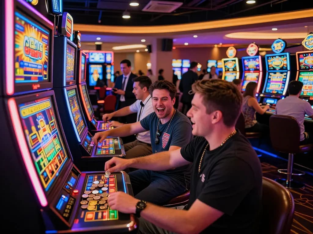 Players celebrating a win at the rr88 casino floor with vibrant slot machines and lively atmosphere.