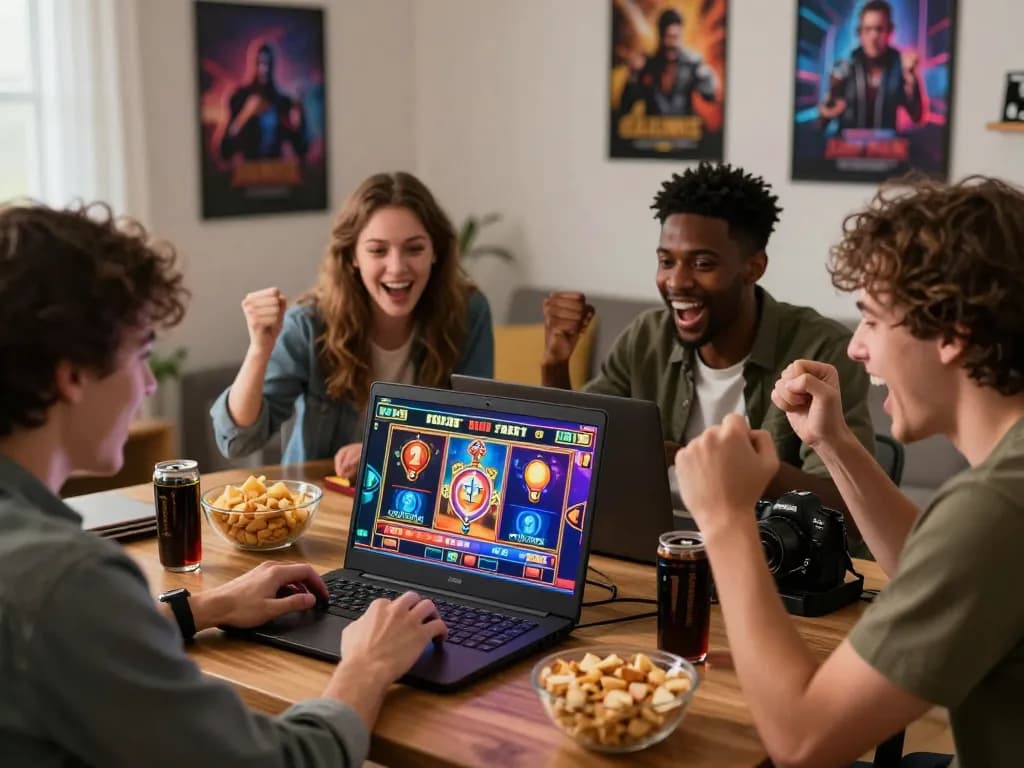 Friends enjoying dash88 slot games together, vibrant gaming atmosphere with snacks and excitement.