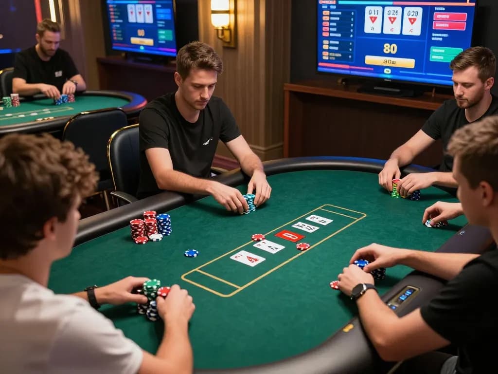 Join the excitement of online poker with Domino88, as players engage in thrilling hands with colorful chips.