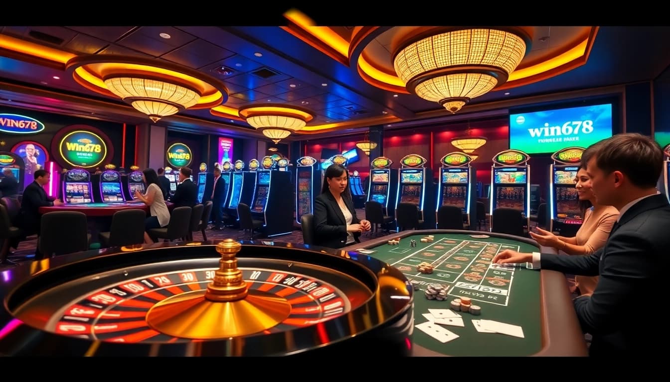 Players enjoying vibrant casino games and slots at win678 with luxury atmosphere.