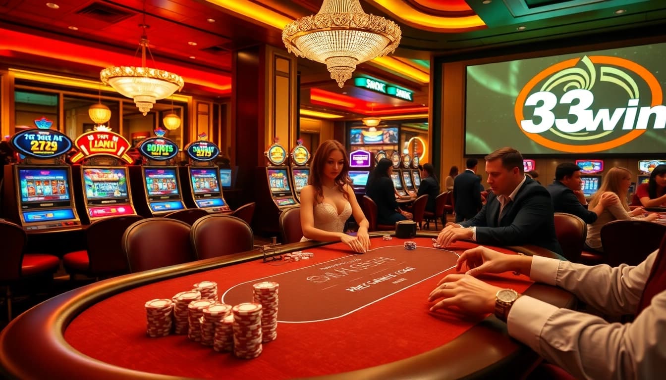 Experience the excitement of gambling at 33win, featuring high stakes poker games and vibrant casino visuals.