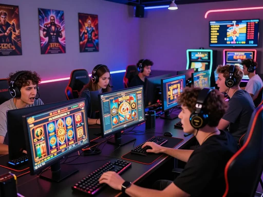 Players enjoying thrilling slot games from 88pulsa in a vibrant online gaming lounge.