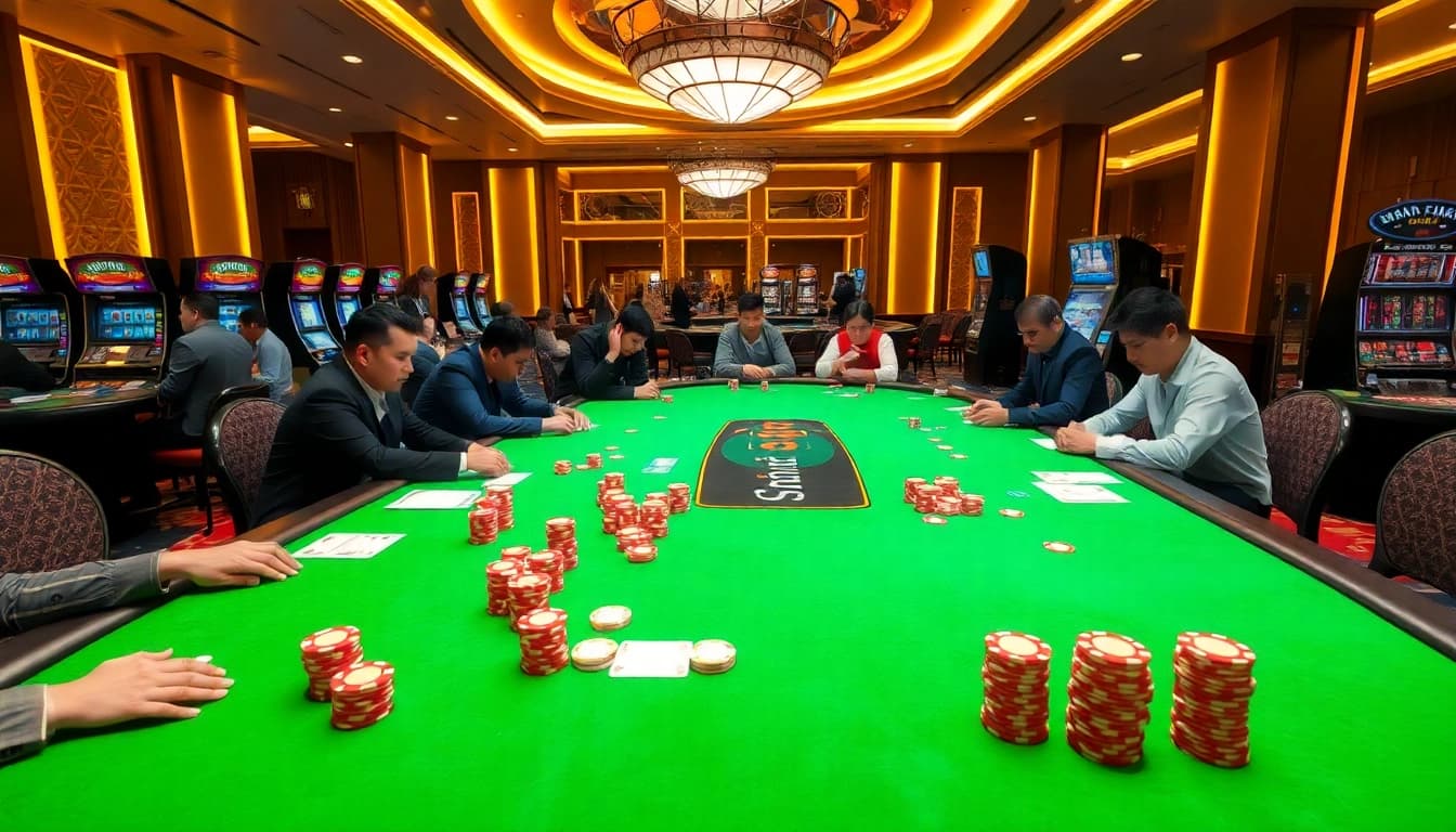 Experience the thrill of game đánh bài đổi thưởng at a luxurious casino table with vibrant poker chips.