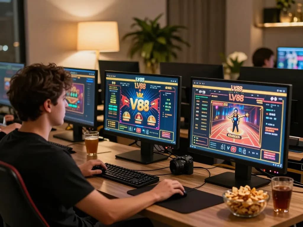 Player engaging with LV88 online casino games at a stylish gaming setup, showcasing excitement and responsible gambling