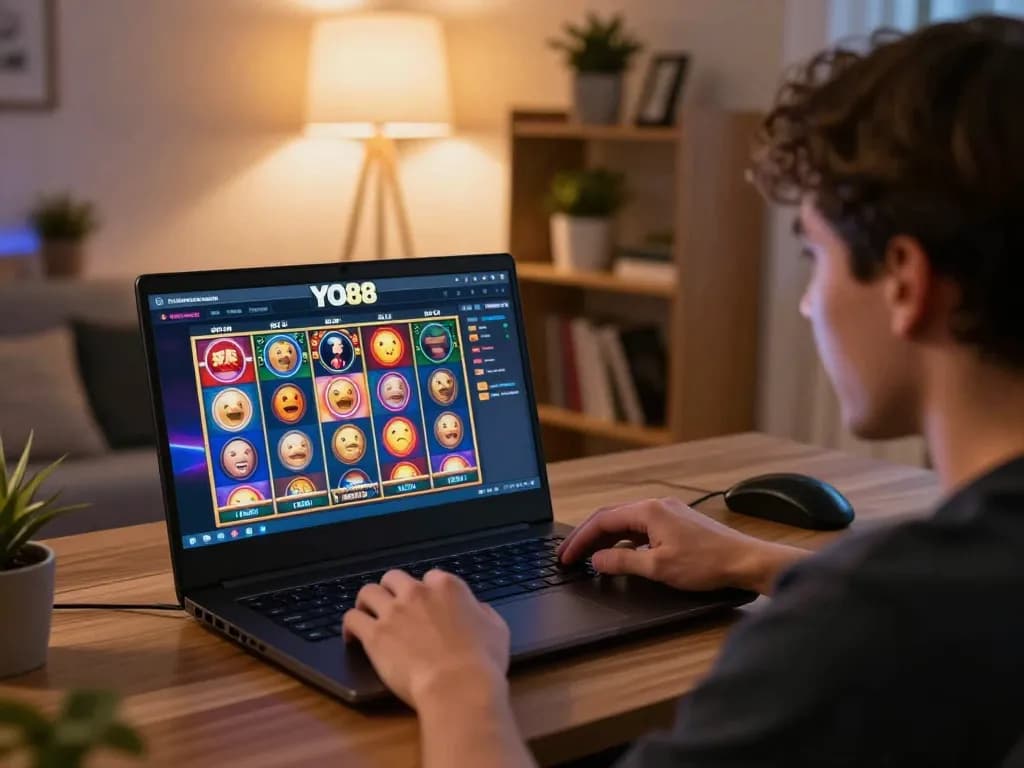 Player enjoying an exciting slot game on YO88 platform, showcasing engagement in a cozy home setting.