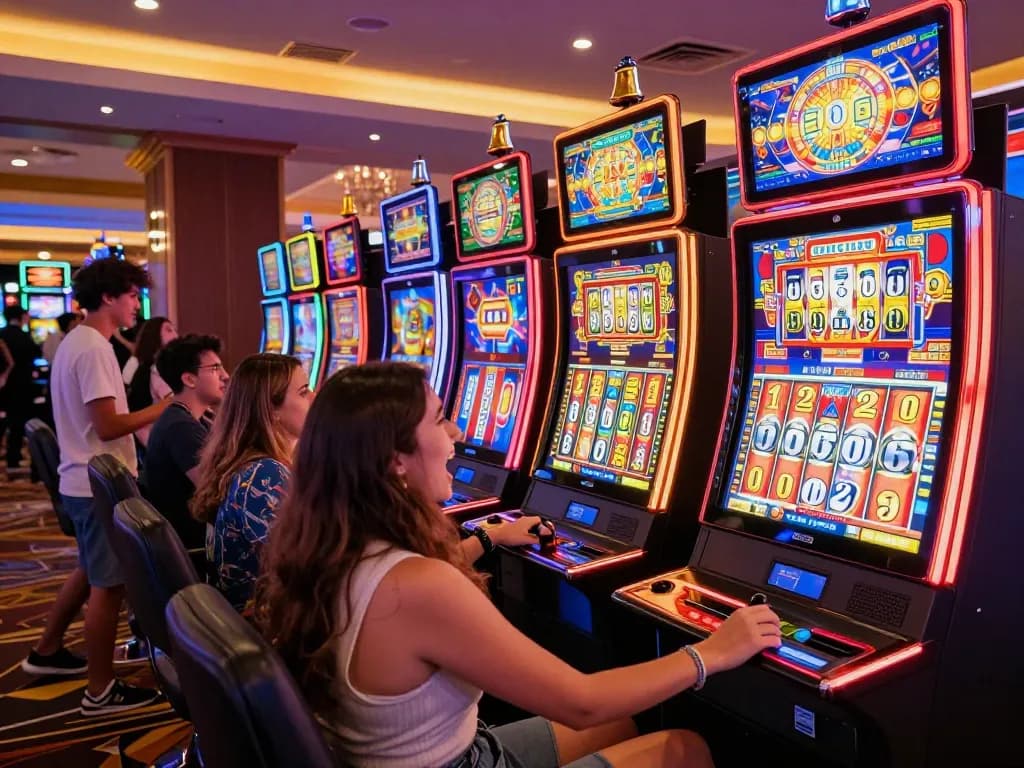 Players enjoying the thrill of slot gacor machines, celebrating wins in a colorful casino setting.