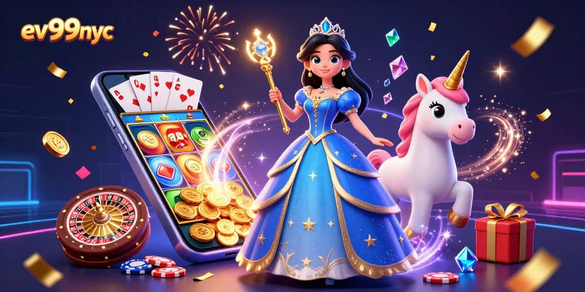 Engage with thrilling games at ev99nyc as a stunning woman and unicorn celebrate the casino experience.