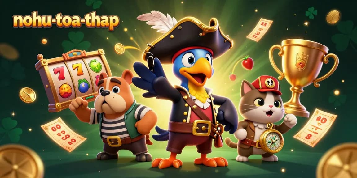 Spin to win with nohu-toa-thap as 3D characters navigate a dynamic casino atmosphere filled with slot elements.