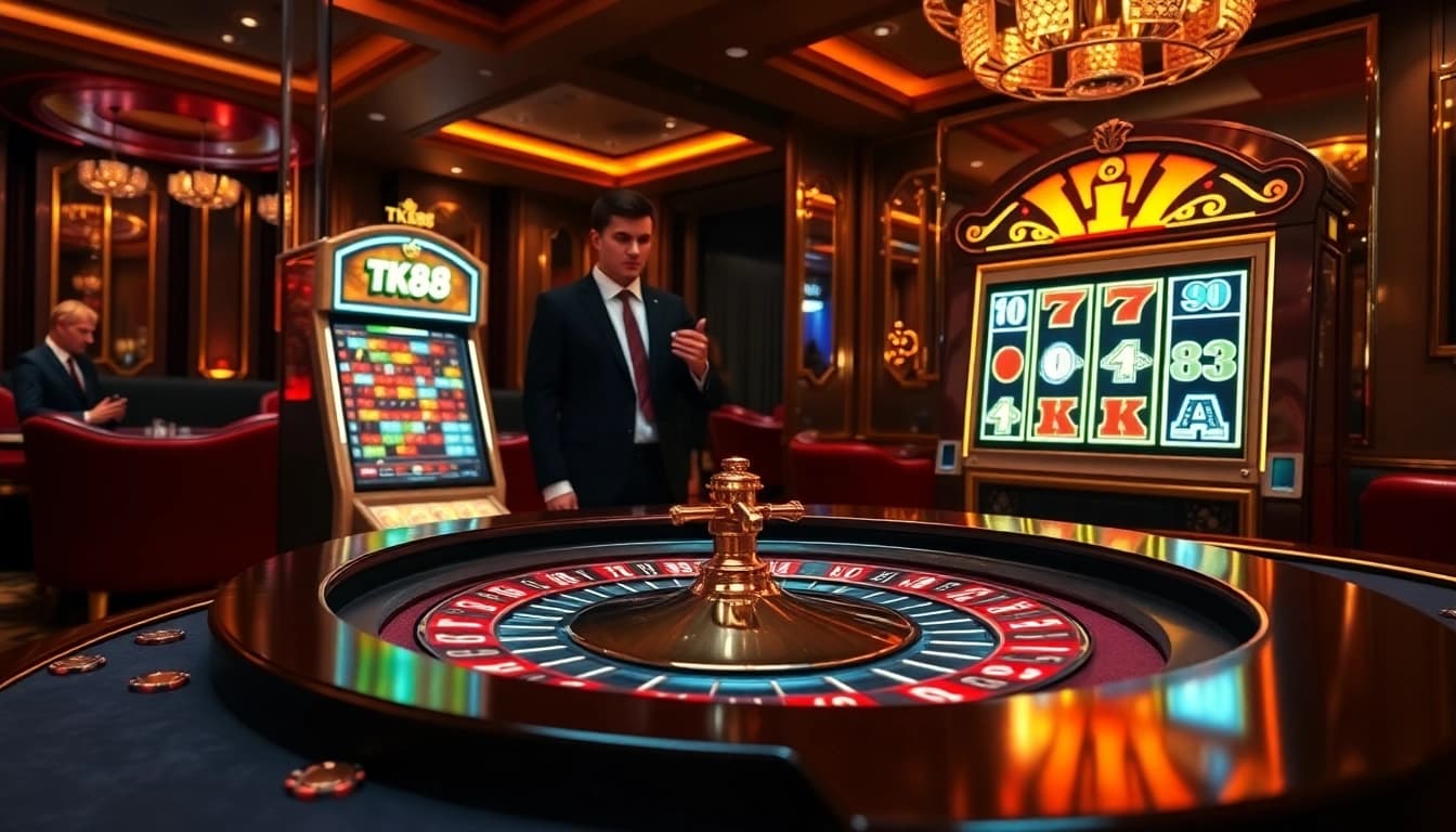 Players enjoy the excitement of tk88 at a roulette table in a vibrant casino environment.