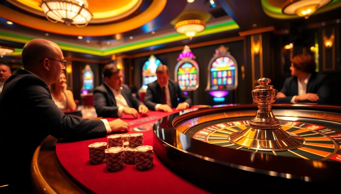 Gambling excitement at 68VIP casino with vibrant poker chips and roulette wheels.