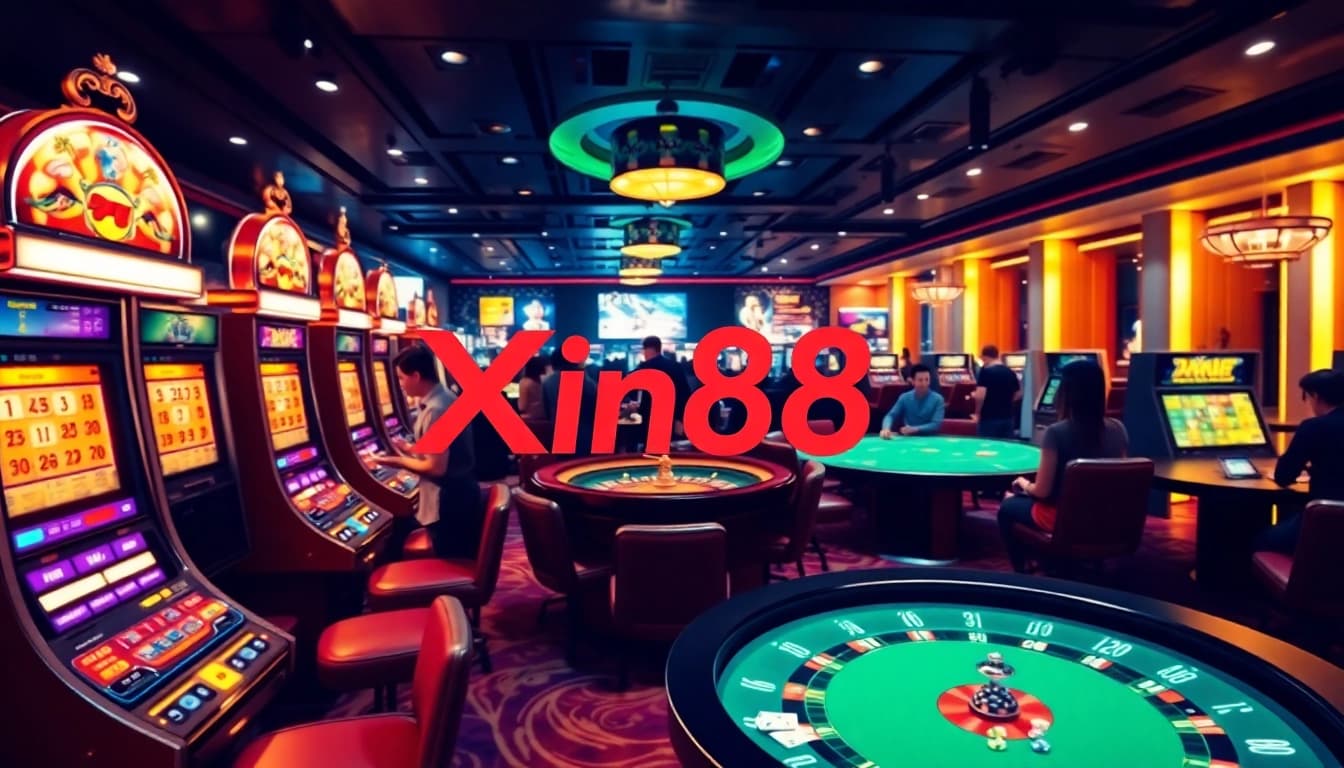 Xin88 logo featured in a vibrant casino scene with players at poker tables and slot machines.